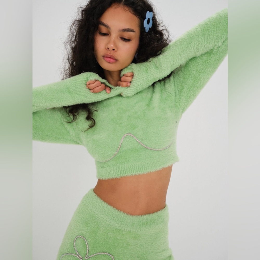 For Love & Lemons Reid Crop Sweater XL Green Rhinestone Mohair NWOT